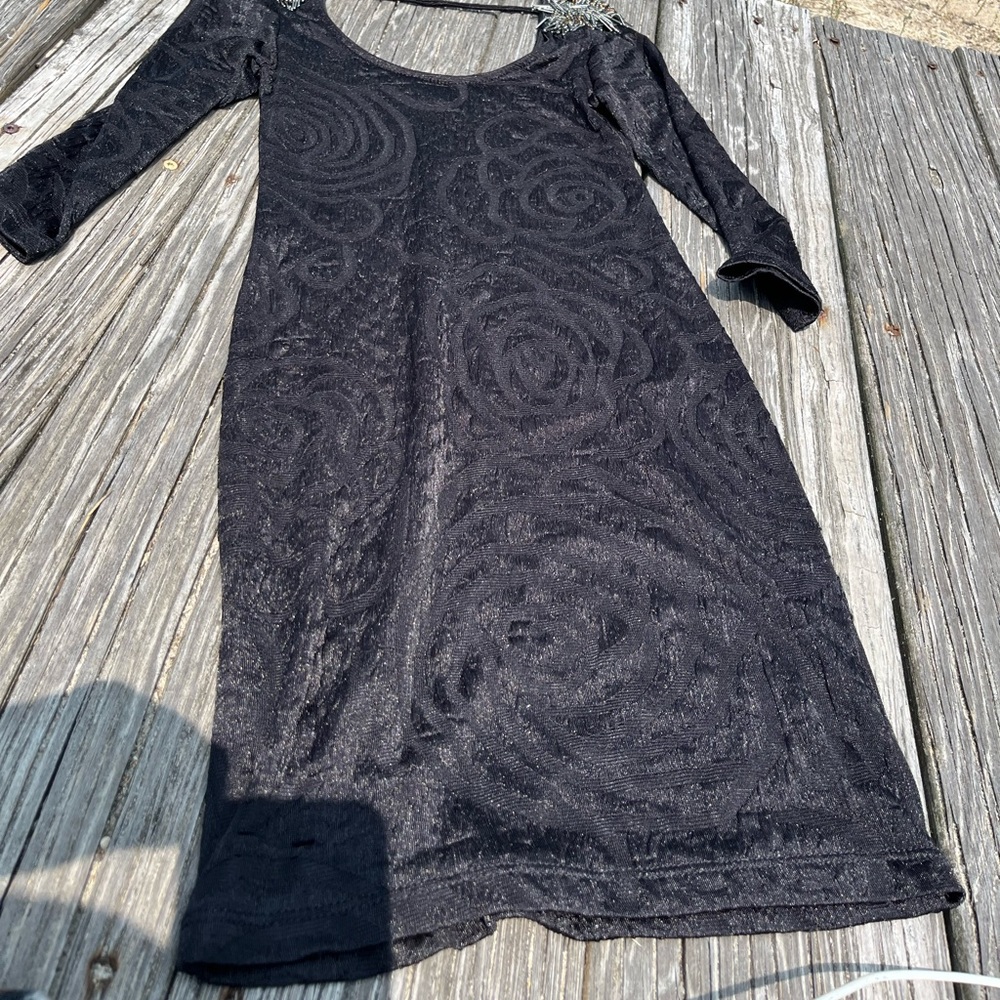 Elegant Black Lace Dress ACACIA SZ SMALL WITH BEADED EPELETS